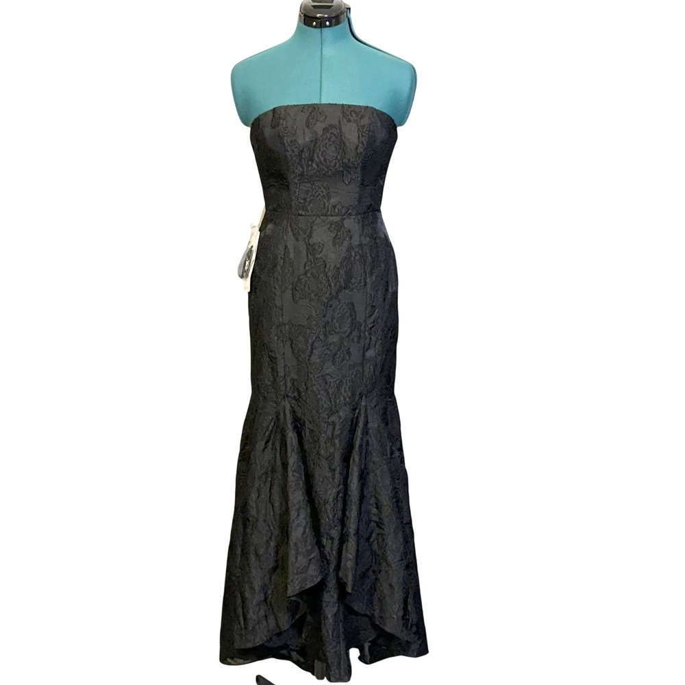 Azazie Avina Black Floral Lace Strapless Mermaid High-Low Gown Dress US 2 NEW